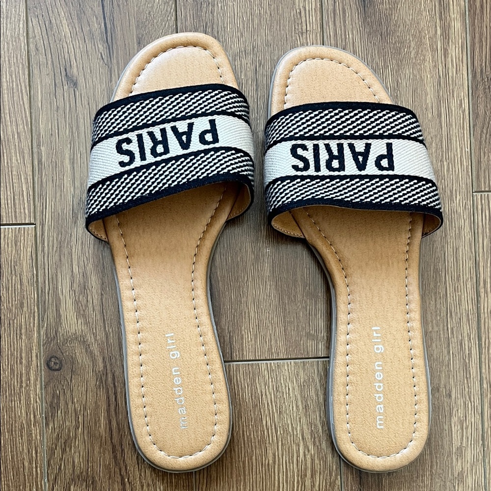 Madden Girl Black and Cream Paris Slide Sandals